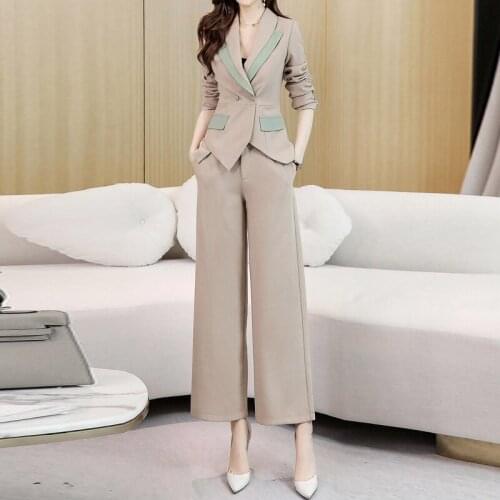 Vintage Spring Autumn Women Pant Suit Notched Blazer Jacket & Wide Leg Pant Suits 2021 Office Office Women Sets Female Sets