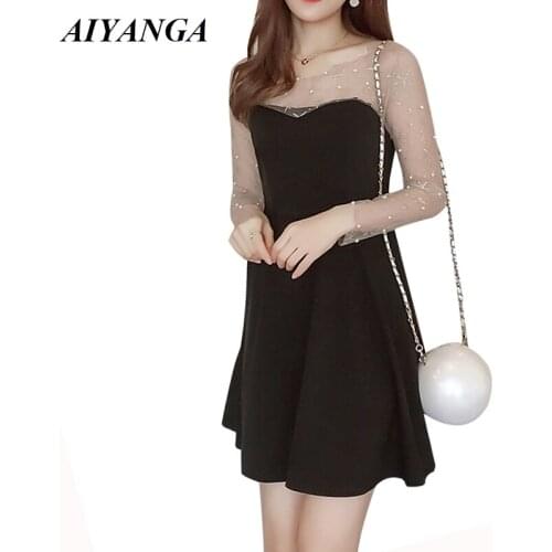 L XL 2XL 3XL 4XL perspective Sexy Dress Women Beading Patchwork Mesh Dresses 2019 Spring Summer Slim A-Line Dress For Women