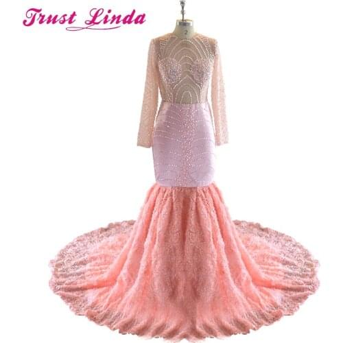 Robe de Soiree African Luxury Mermaid Pink Mother Dresses Sexy Sheer Lace Crystal Beaded Ruffled Long Evening Dress Prom Gowns