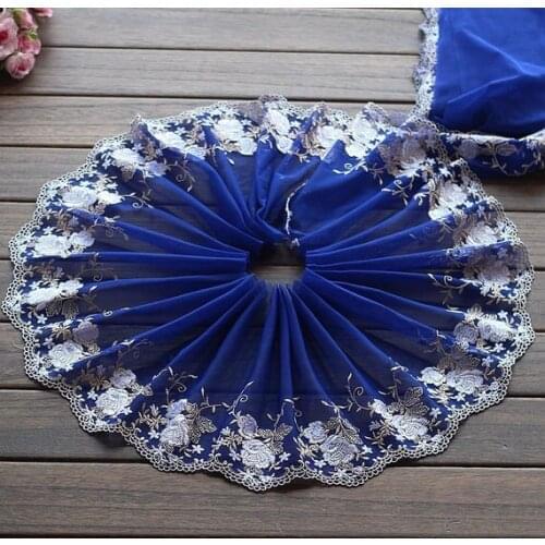 2 Yards Lace Trim Rose Floral Embroidered Deep Blue Tulle Lace 8.26 Inches Wide High Quality