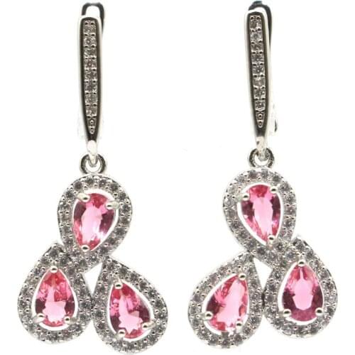 33x15mm Stunning Created Pink Tourmaline White CZ Womans Wedding Silver Stud Earrings