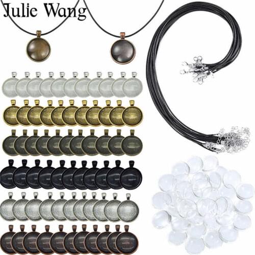 Julie Wang 6 Sets 25mm Round Cabochon Base Settings Mixed Colors Blank Tray With Glass And Leather Rope Jewelry Making Accessory