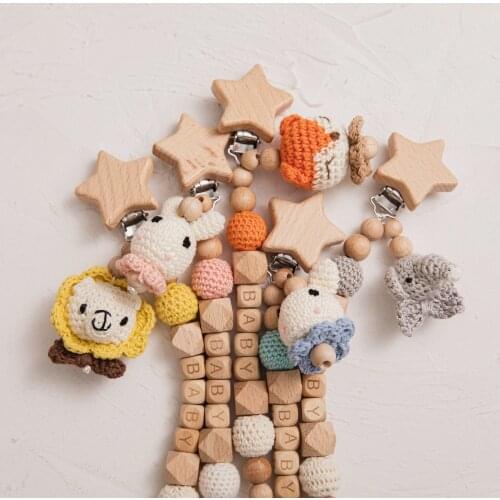 2021 New Baby Pacifier Chain Clips Personalized Dummy Clip Infant Teether Rodent Animal Nipple Holder Wooden Crochet Beads
