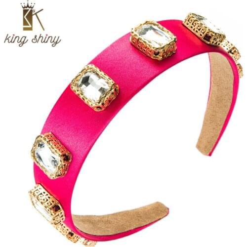 King Shiny Elegant Baroque Geometric Crystal Headband Vintage Sparkly Gem Diamond Beaded Solid Color Fabric Hairband Tiara Bezel