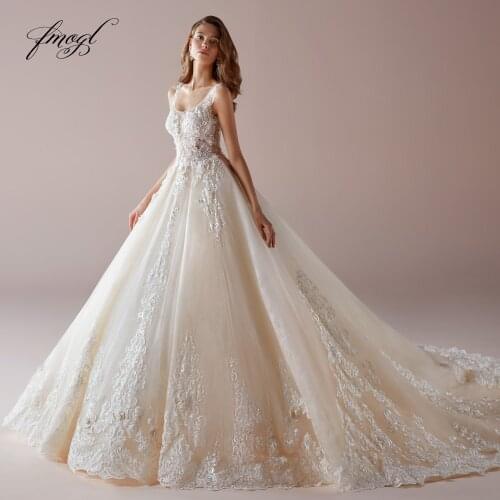 Fmogl Sexy Backless Flowers Lace Vintage Wedding Dresses 2020 Luxury Appliques Beaded Square Collar Court Train Bridal Gowns