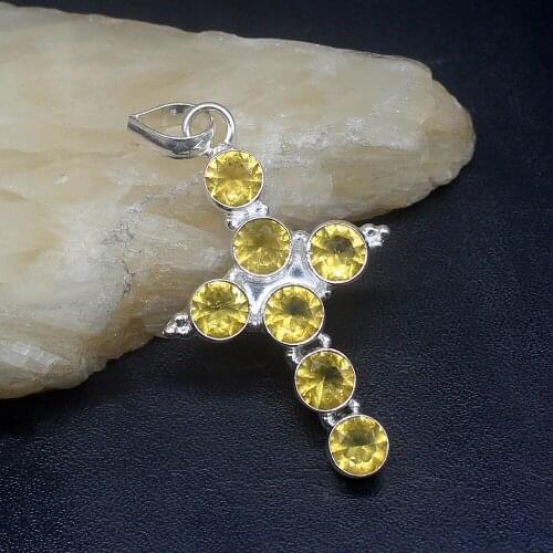 Gemstonefactory Jewelry Big Promotion 925 Silver Holy Cross Yellow Citrine Charming Women Ladies Gifts Necklace Pendant 0857