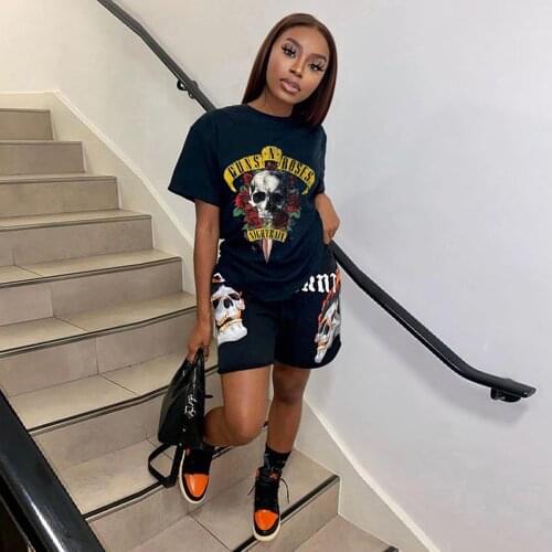 Activewear Athleisure Suit Womens Sport Suit Short Sleeve Print T-shirt and Workout Biker Short Streetwear Two Piece Tracksuit