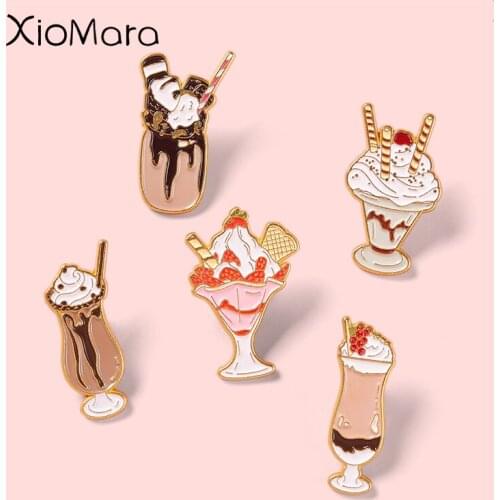 Cute Strawberry Chocolate Ice Cream Lapel Pins Western Dessert Cherry Cake Cup Brooches Backpack Cartoon Jewelry Gifts For Girl
