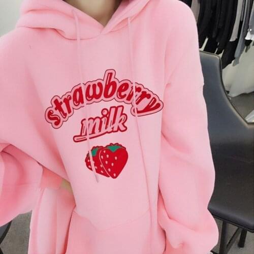 Harajuku Kawaii Strawberry Milk Graphic Sweatshirt Hoodie Women Streetwear Hokkaido Pullover Women Loose Pink Hoodie Cute Coat