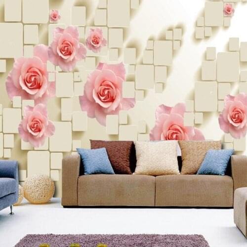 Wholesale Grid Plaid Rose Flower Murals 3d Wall Photo Mural for Living Room and Sofa TV Background 3d Wall Murals Fresco Sticker