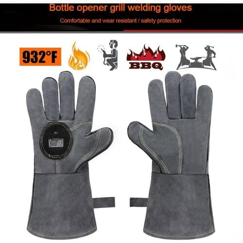 BBQ Oven Gloves Leather Forge Welding Gloves 500C Heat Resistant Grill Gloves With Bottle Opener For Grilling Barbecue Baking