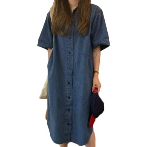WSYORE Summer Retro Wild Lapel Single-breasted Loose Denim Dress Women Casual Large Size Short-sleeve Mid-long Dress NS2781