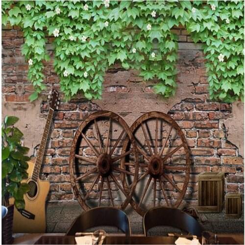 Drop Shipping wallpaper 3d Retro Brick Pattern Green Leaf Mural Bedroom King Back Wall Wooden Wallpaper Bar Wallpaper