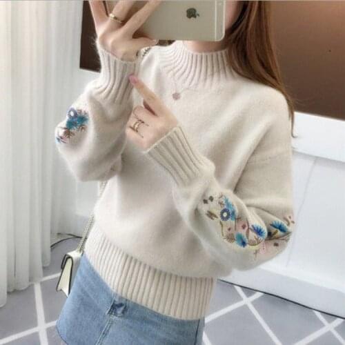 Round Neck Pullover Embroidered Sweater Womens Korean-Style 2020 Autumn New Sleeves Long-Sleeved Loose Pullover Sweater 862J