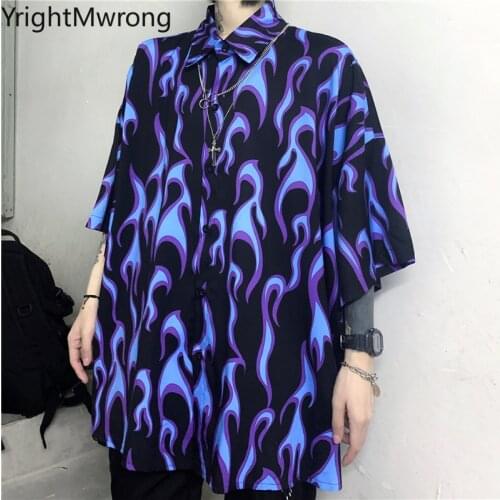 Streetwear Harajuku Woman Man Loose Button Up Short Sleeve Dark Punk Shirt Hip Hop Fashion Blouse Summer Graffiti Contrast Tee