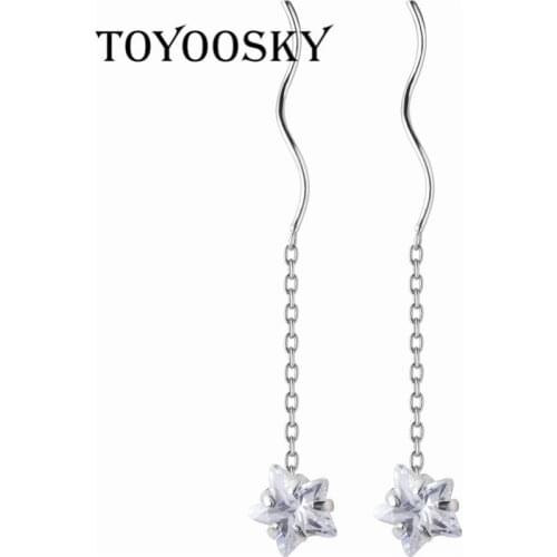 100% 925 Solid Real Sterling Silver Long Tassel Earrings with CZ Star For Women Ear Line Girl Lady Madam Jewelry 2019
