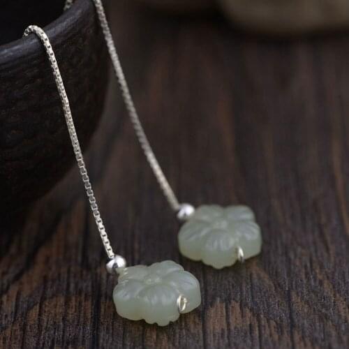 FNJ Hetian Jade Earrings 925 Silver 100% Pure Original S925 Silver Sterling Long Drop Earring for Women Jewelry Flower