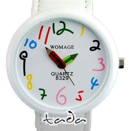 High quality cartoon pencil hand colored number funny watch leather band fashion womage pencil pointer Women Quartz wrist watch