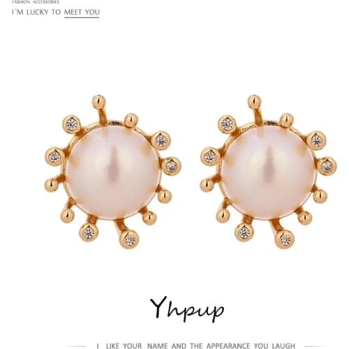 Yhpup Trendy Natural Pearl Flower Stud Earrings Exquisite Cubic Zirconia Small Earrings Jewelry Boucle D'Oreille Femme 2021