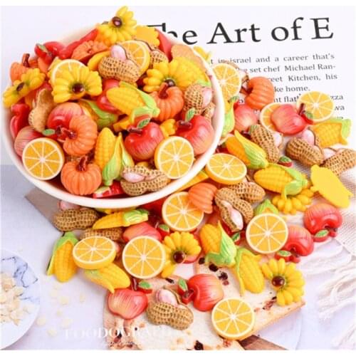 Julie Wang 20PCS Resin Fruit Charms Mixed Artificial Apple Banana Orange Corn Peanut Pendants Jewelry Making Accessory Decor