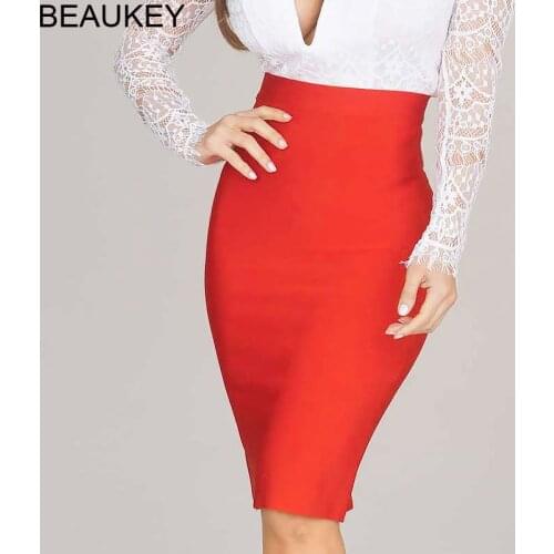 BEAUKEY Sexy Red Classic Pencil Skirt 2018 Quality Solid High Waist Bandage Skirt Bodycon Plus Size Wholesale Office Lady Skirts
