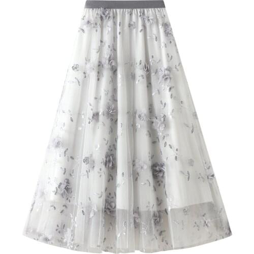 Y2k 2021 Female Tiered Skirt Summer Flower Embroidery Lovely High Waist Skirt A-Line Dress for Women Black/White/Navy
