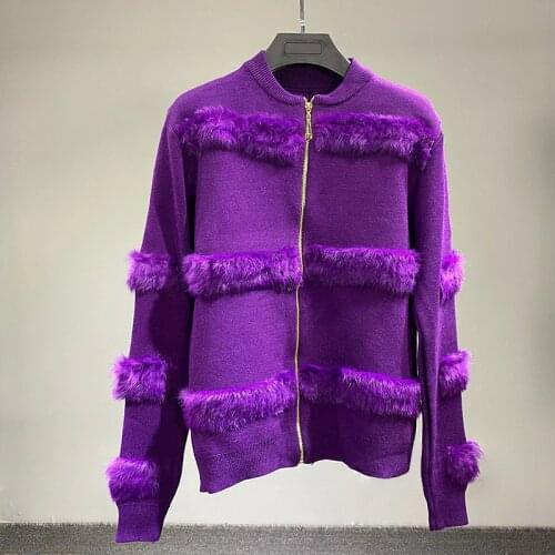 Womens Pureple Color New year Real rabbit fur pullovers Vintage stylish sweaters Jacket Coat
