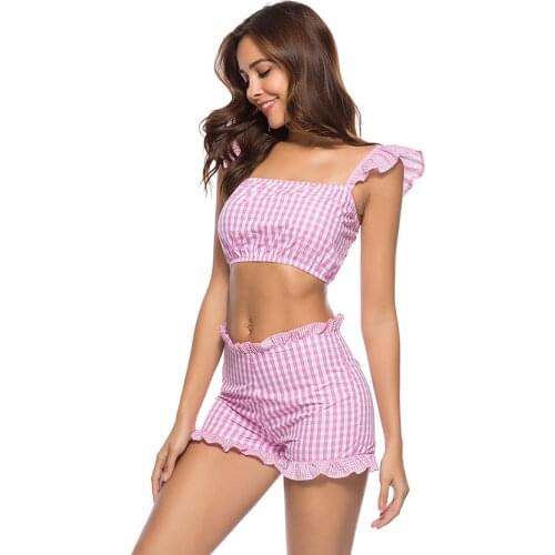 Womens Sets Ladies Summer Sexy Ruffles Camis Swimsuit Swimwear Shoulder Plaid Printing Split 2 Piece Set Crop Top Short