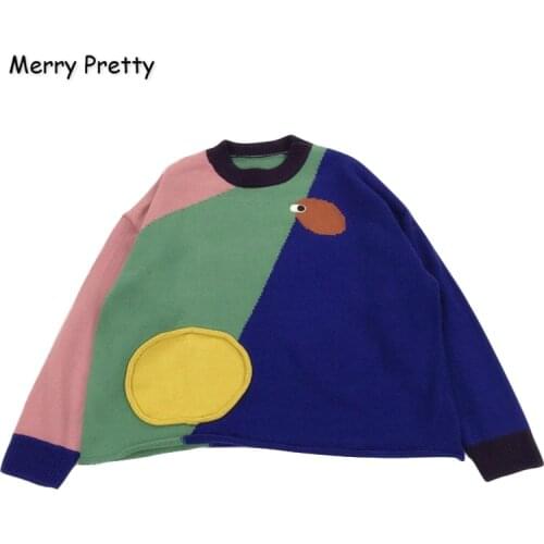 MERRY PRETTY Womens’ Cartoon Embroidery Harajuku Knitted Sweaters 2020 Winter Warm Patchwork Jacquard Sweater Knit Pullovers