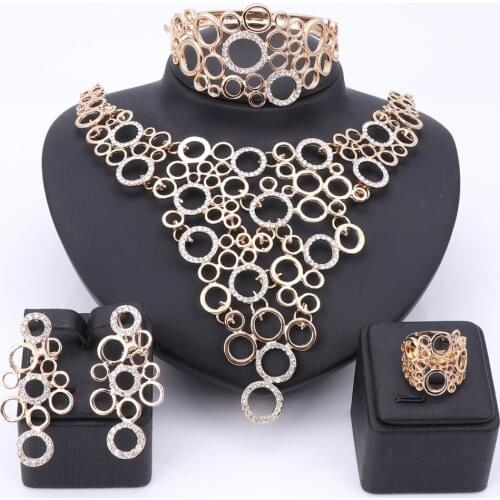 African Beads Jewelry Sets Women Wedding Dubai Gold Color Crystal Necklace Fashion Bridal Ring Bracelet Earrings Accessories