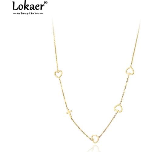 Lokaer Bohemia Titanium Stainless Steel Heart & Cross Choker Necklace For Women Girls Original Design Link Chain Necklace N21032