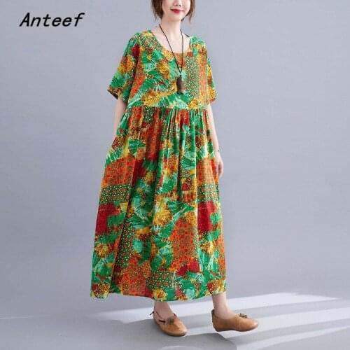 Short sleeve cotton vintage floral dresses for women casual loose long woman summer dress elegant clothes 2021 sundress
