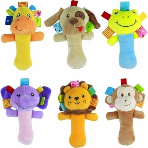 0M+ Soft Animal Baby Toy Ring Bell Baby Plush Rattle Squeaker Rod Cute Cartoon Animal Musical Dog Frog Monkey Lion Plush Toy