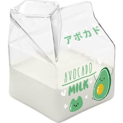 1pc 400ML Unique Design Creative Transparent Milk Cup Square Shape Fruit Print Milk Box Water Cup for Breakfast Milk Drinkware