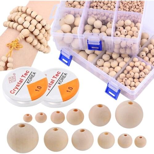 1105 pcs/set Unfinished Wooden Beads Multi-Size Round Loose Beads Wooden Handicraft Accessories DIY Jewelry Customized Boxed