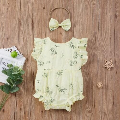 2021 0-24M Infant Baby Girl Playsuit 2pcs Sweet Floral Print Fly Sleeveless Backless Romper+Headband Summer Outfits