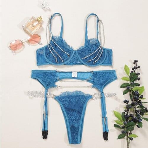 3PCS Sexy Women Nightgown Sparkle Crystal Rhinestone Chain Erotic Bra Waist Briefs Garter Belt Underwear Nightwear Lingerie Sets