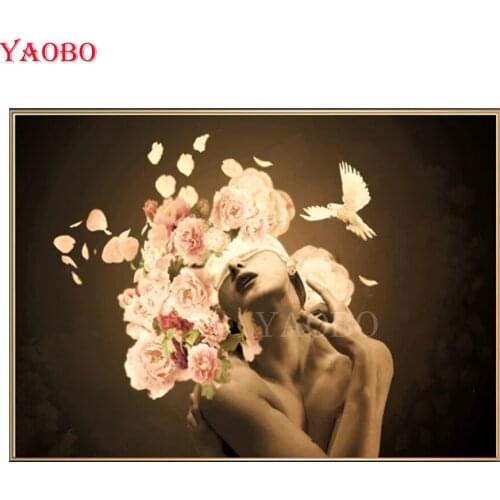 YAOBO 5D Diamond Embroidery Sexy Girl with Flowers Bird Handicraft Diamond Painting Mosaic Kit Needlework Wall Art Decoration