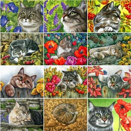HUACAN DIY Diamond Painting Cat 5D Diamond Embroidery Flower Full Square Round Mosaic Rhinestone Cross Stitch Animal Home Decor