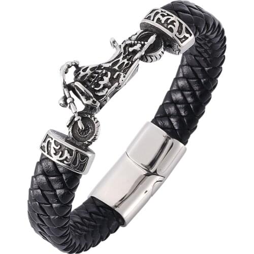 Fashion Men Leather Bracelet Man Steel Motorcycle Charm Bracelet Magnetic Buckle Punk male Jewelry Wrist Band Gifts BB800