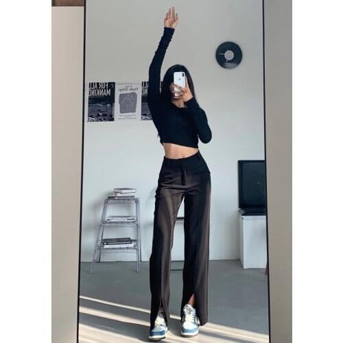 Flare Pants Women Trousers Front Split Leg Straight Ladies Work Korean Clothes Streetwear Black Bell Bottom Pants 2021