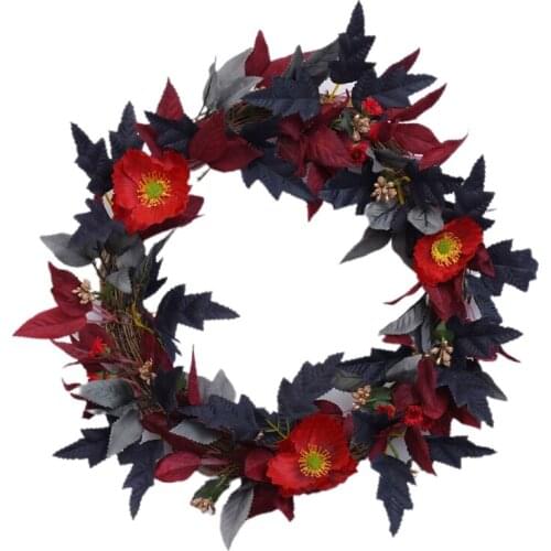 C5AD 12” Halloween Poppies Wreath Flower Wreaths Garland for front Door Halloween Party Thanksgiving Harvest’s Day Decoration