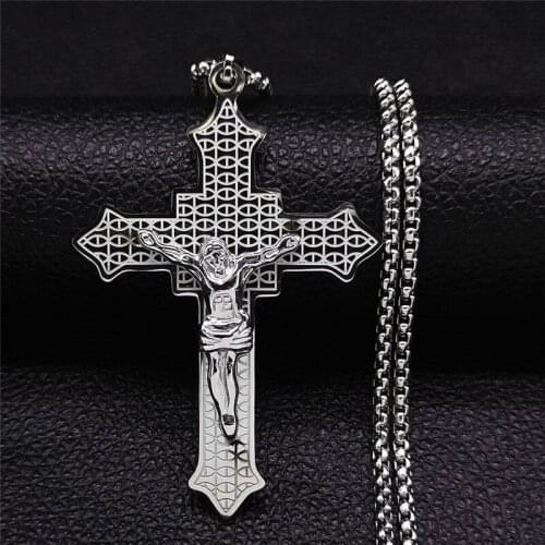 Stainless Steel Jesus Christian Cross Chain Necklace Women Silver Color Big Necklaces Jewelry chaine acier inoxydable N4501S05
