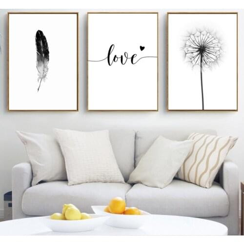 Black and White Dandelion Feathers Poster and Print Letter Love Wall Art Canvas Painting Home Picture Wall Decoration