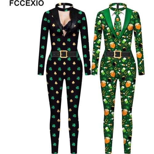 FCCEXIO New Cosplay St. Patricks Day 3D Clover 3D Print Sexy Bodysuits Women Plus Size Long Sleeve Skinny Party Jumpsuits