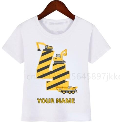 Boys and Girls Cartoon Excavator Construction Truck Bulldozer Crane T-shirt Childrens Birthday Number 1-9 Funny Gift T-shirt