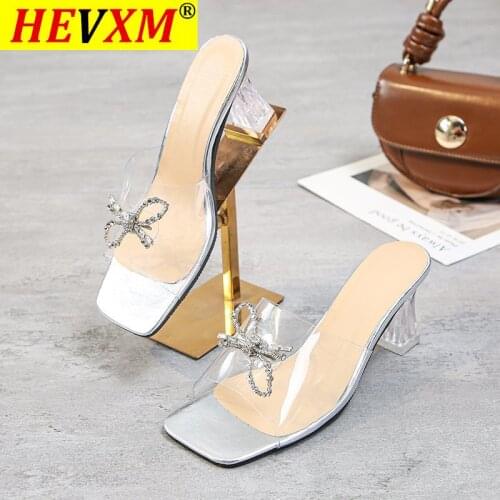 HEVXM Women slippers 2021 Transparent high heels Sexy Square toe Fashion Rhinestone Bowtie Wedding Party shoes for Lady