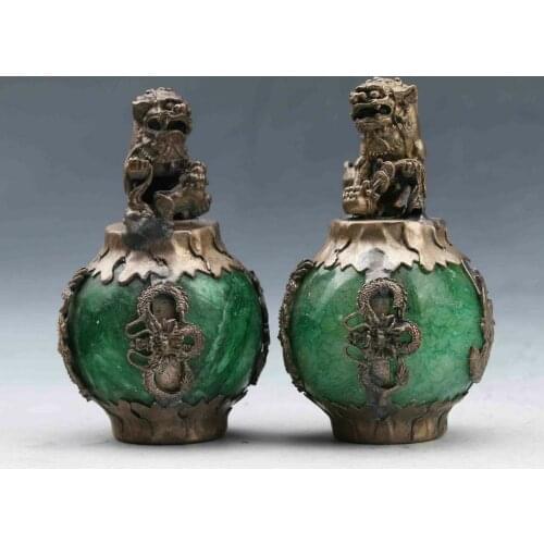 EXQUISITE CHINESE SILVER DRAGON INLAID GREEN JADE HAND CARVED PAIR LION STATUE