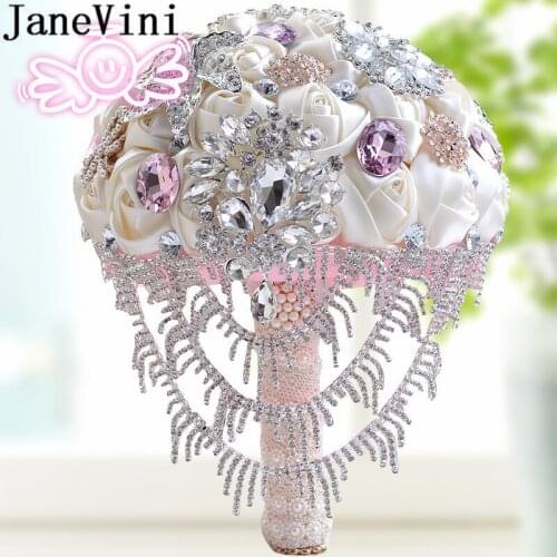 JaneVini Luxury Water Drops Bridal Bouquet Waterfall Diamond Crystal Wedding Bouquet for Brides Rhinestones Beaded Pearl Flowers