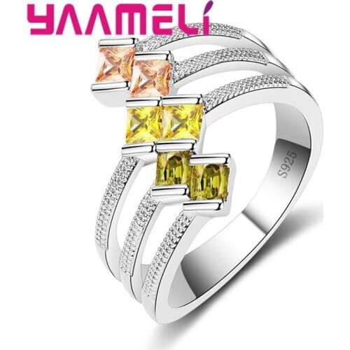 Three Prong 925 Sterling Silver Luxury Romantic Style Ring Embellished With Tri-color Warm Stone Crystal Birthday Gift